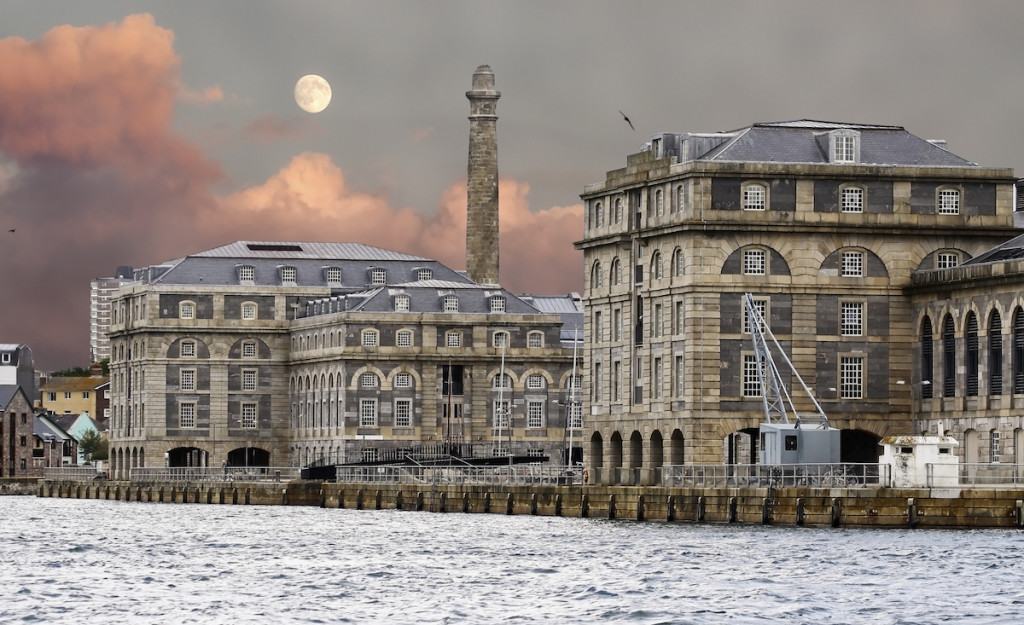 Stone buildings in the port of Plymouth, England.