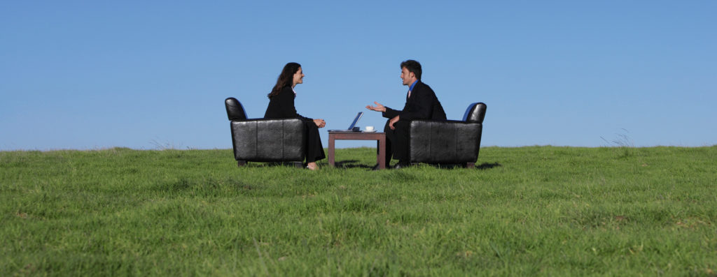 Two Business Executives Sitting in Armchairs on the Grass Talking to One Another