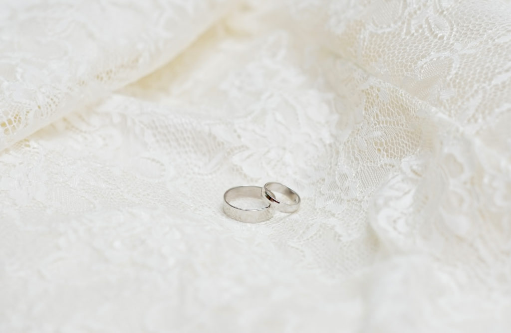 Wedding rings on lace background