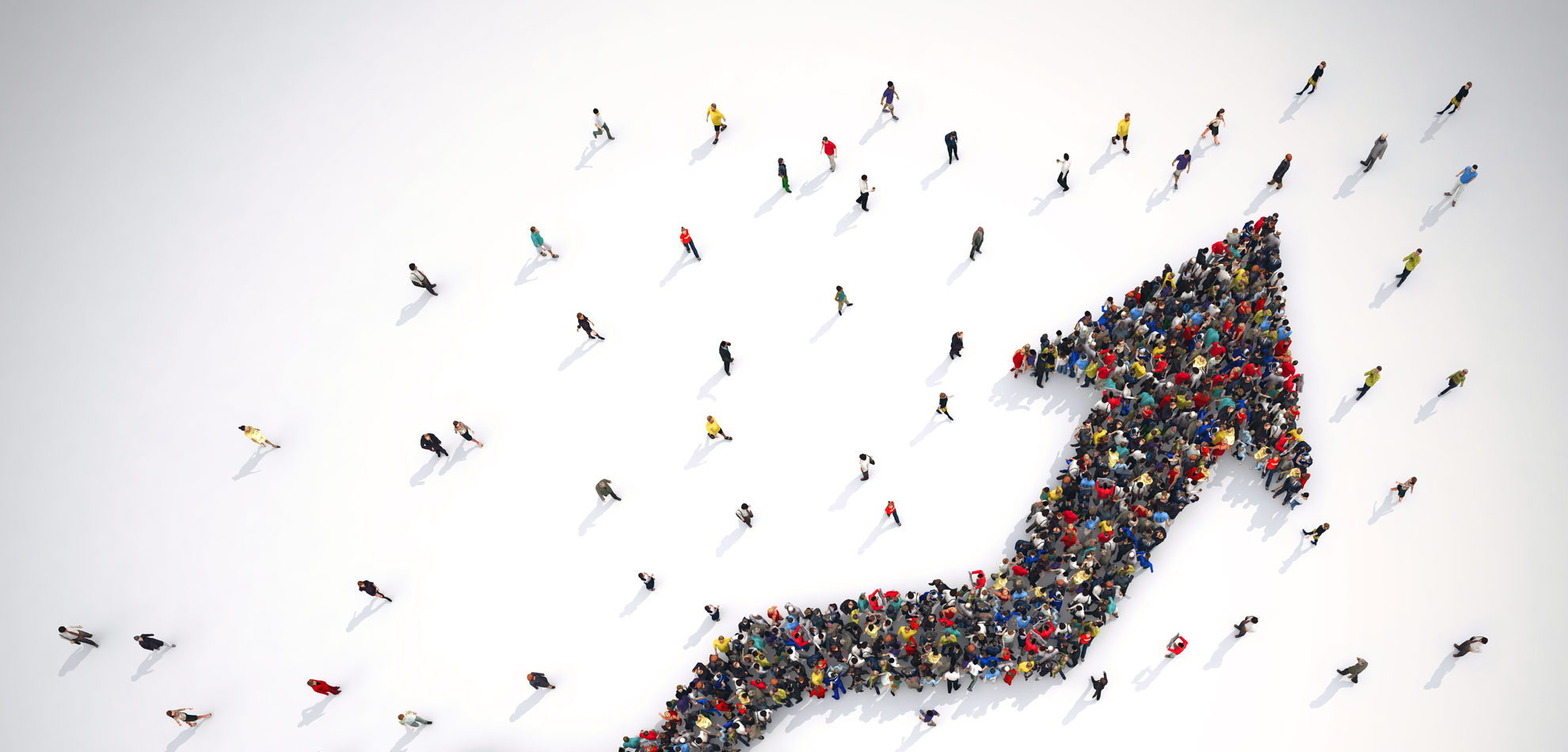 Crowds of people form an arrow going upwards