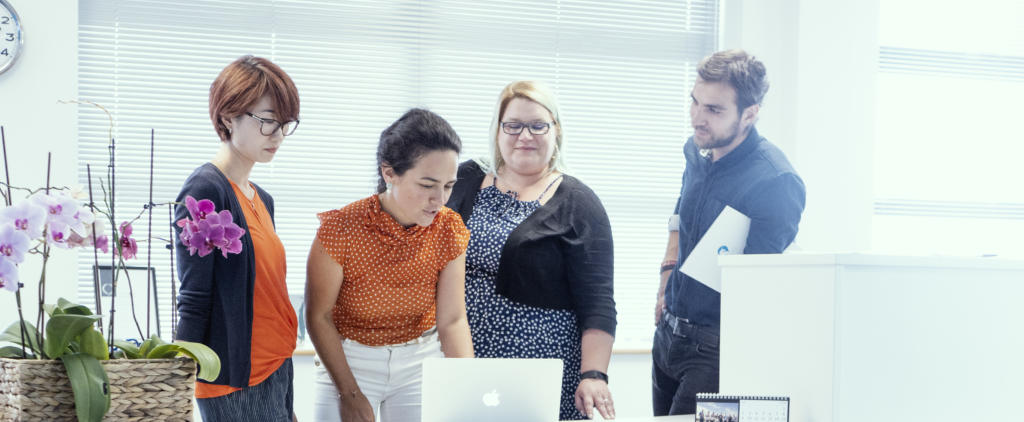 office workers in a meeting looking at a computer