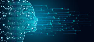 Woman face outline made up of circuit board and binary data flow to show AI in the workplace.