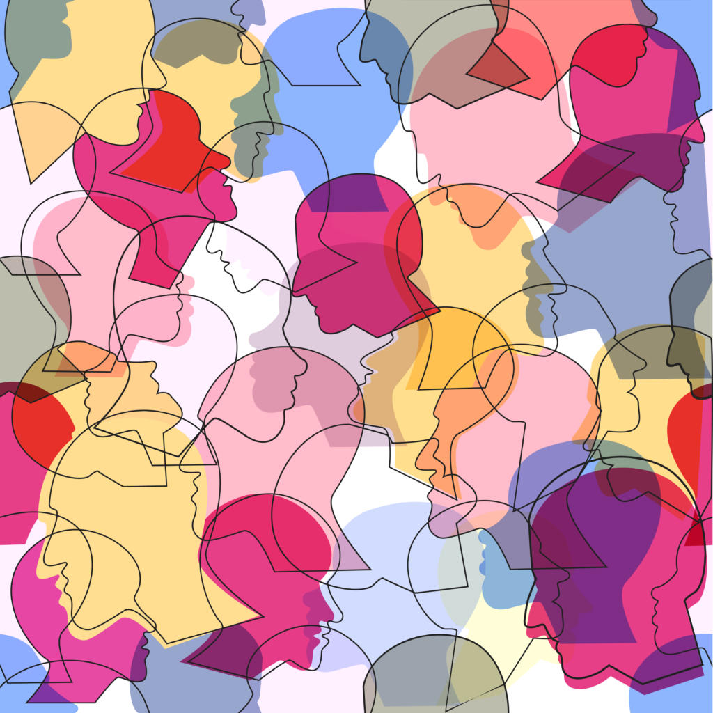 Seamless pattern of a crowd of many different people profile heads. Vector background.