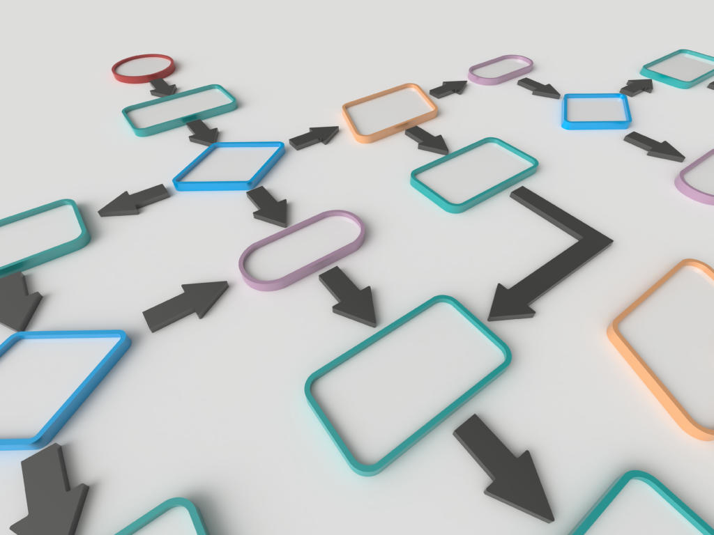 Abstract background image of a flowchart diagram on a white floor. Computing algorithm concept