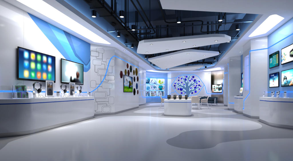 3d render of a futuristic looking tech store with gadgets on display for sale