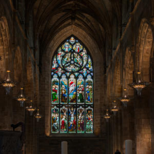 Stained glass windows in a large church hall