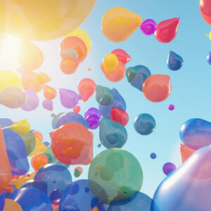 Many balloons flying toward the sky and sun to celebrate promotions