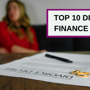 Woman in blurred background, divorce papers and wedding rings on table in the foreground, title in right hand top corner that reads 'top 10 divorce finance myths'