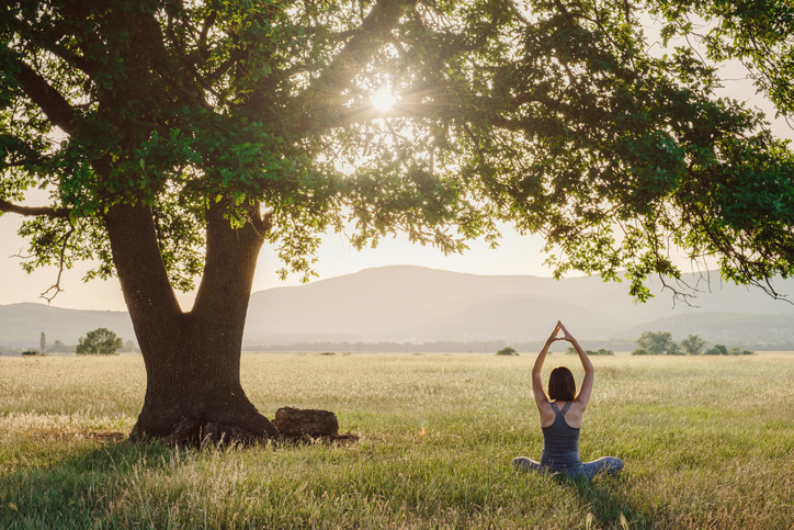 woman practices yoga and meditation under a tree in summer