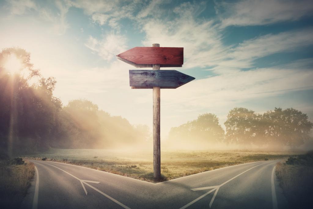 Surreal landscape with a split road and signpost arrows showing two different courses, left and right direction to choose.