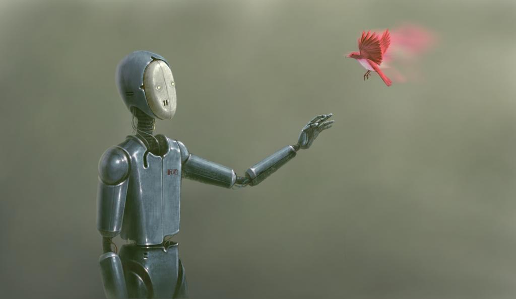 Surreal art of robot with butterfly
