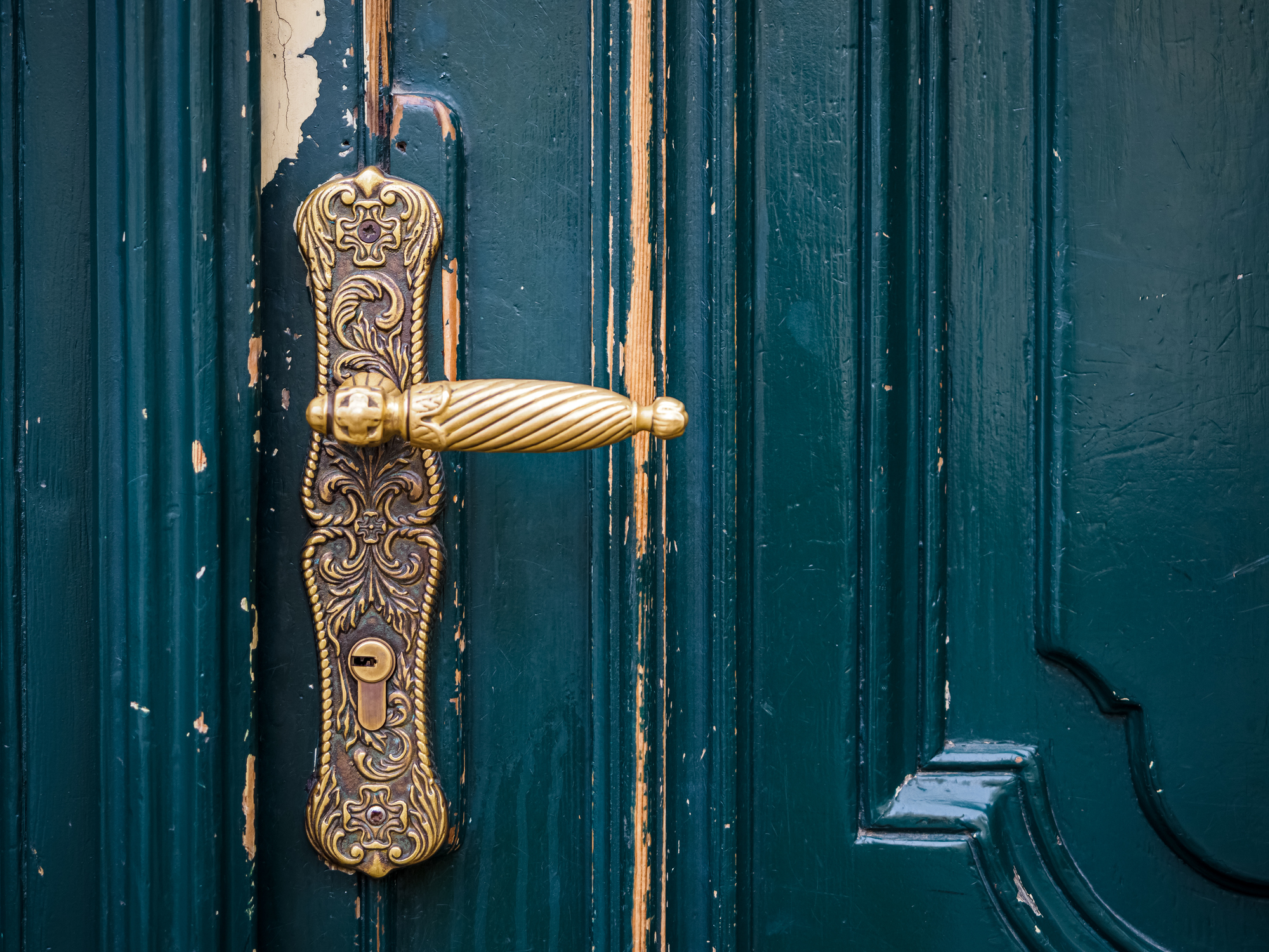 close up view on brass door knob and old green wooden door