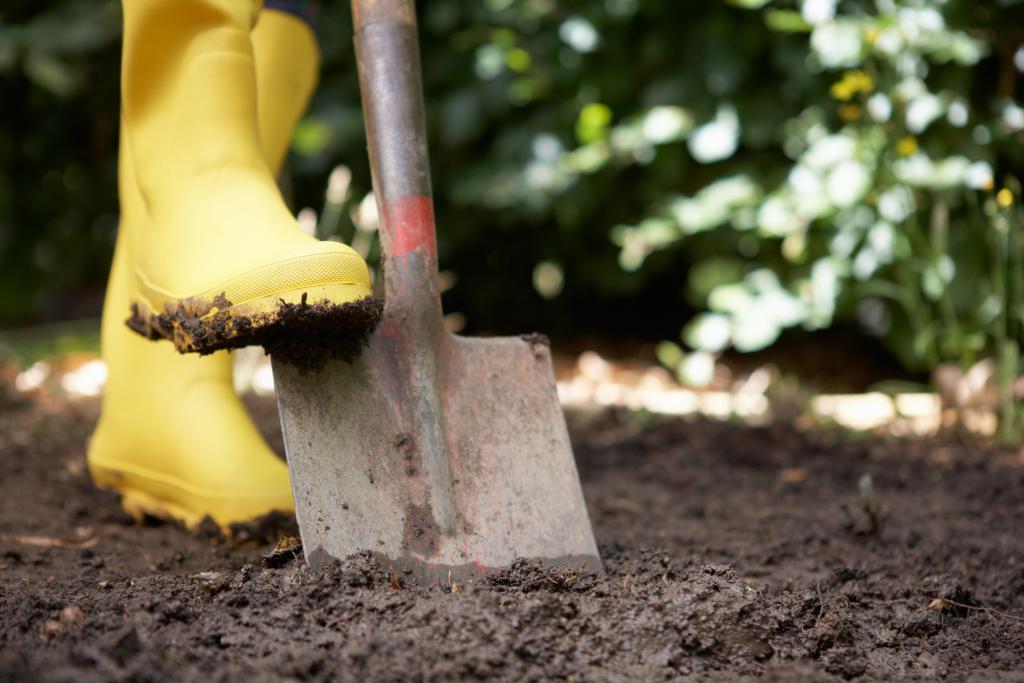 Person using yellow boots and shovel in a garden