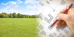 Concept for property development showing a photo of an empty field juxtaposed with a planning design for new houses