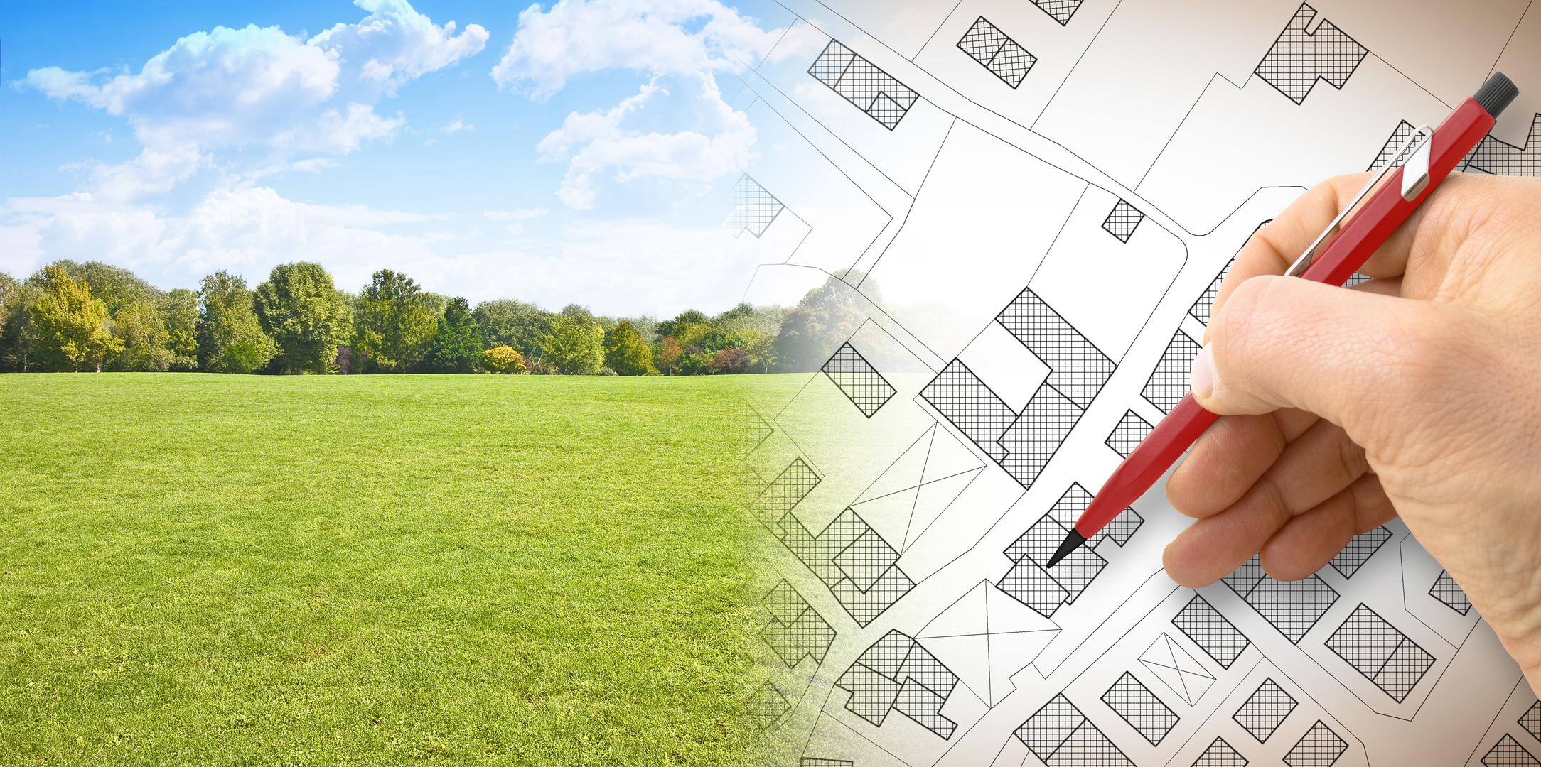 Concept for property development showing a photo of an empty field juxtaposed with a planning design for new houses