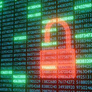 Open red padlock in wireframe style in front of a wall of blue numerical digits