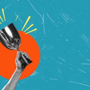 A contemporary artistic collage featuring a hand holding a trophy.