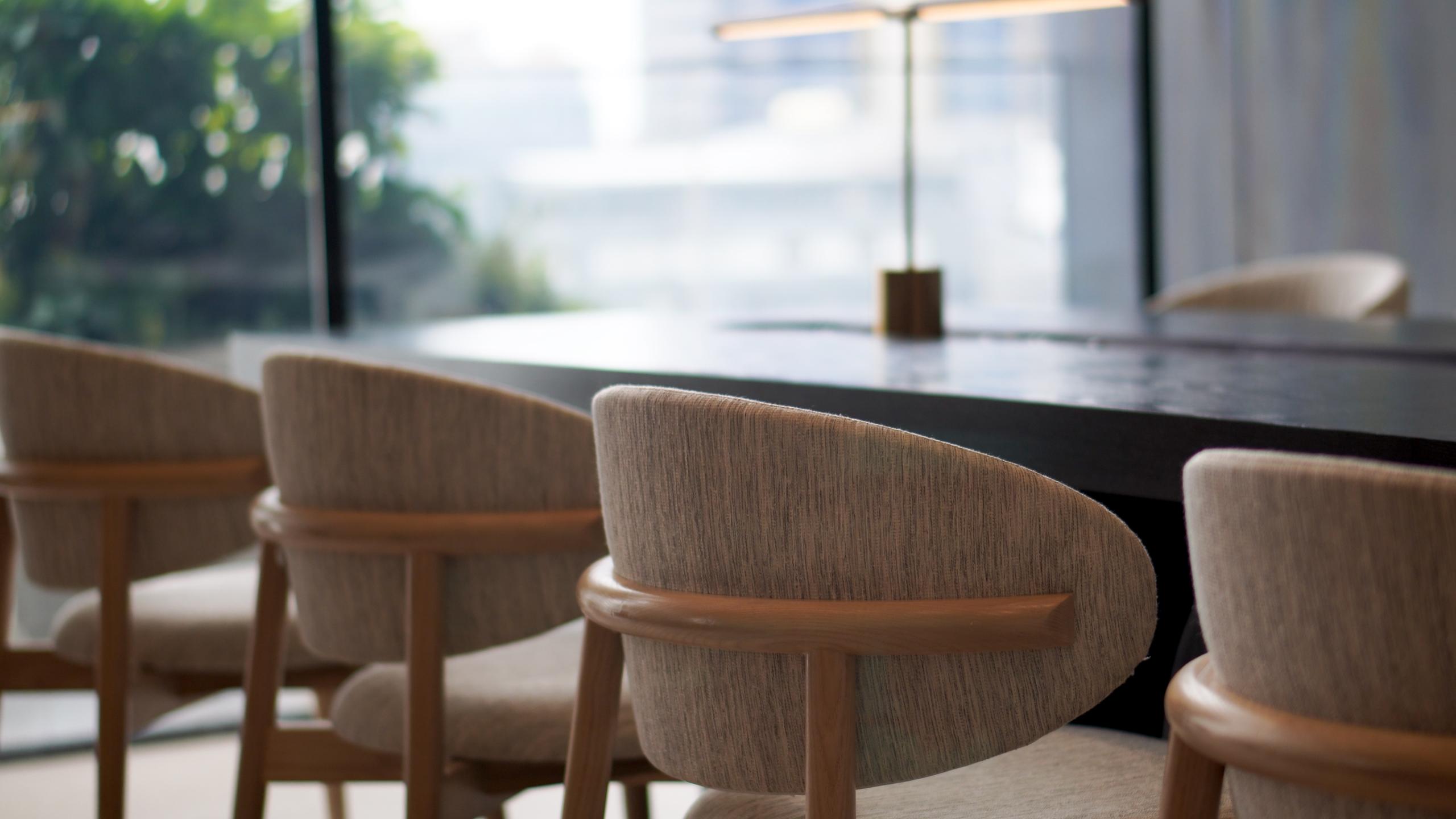 Conference room office with chairs surrounding a large table.